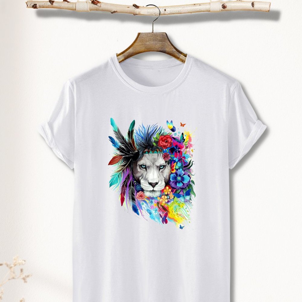 2023 Spring Summer Retro Colorful Lion T-Shirt Cotton Men-Women's- lover Animal